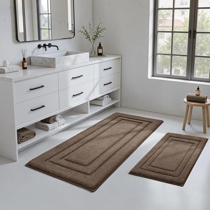 HOMEIDEAS Bathroom Rugs Sets 2 Piece, Super Soft and Absorbent Non Slip Microfiber Machine Washable Bath Mat Set (20" x 47" + 16" x 24", Brown)
