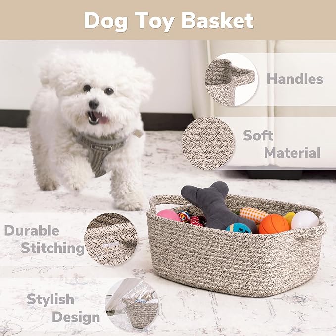CHICVITA Small Woven Rope Gift Basket for Shelves, Brown | 13" x 10" x 5", Rectangle Storage Basket for Toys, Diapers & Baby Essentials, Nursery & Closet Organizer, Built-In Handles