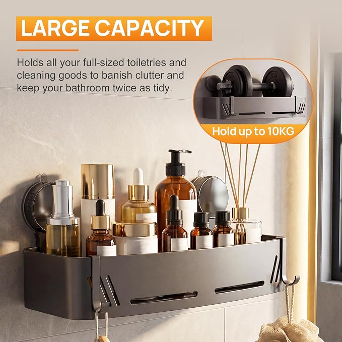 2-Pack Suction Cup Shower Caddy with Hooks, Gun Grey Aluminum | No-drill shower organizer for smooth non-porous surfaces, with hooks for shampoo, body wash, razors and bath accessories