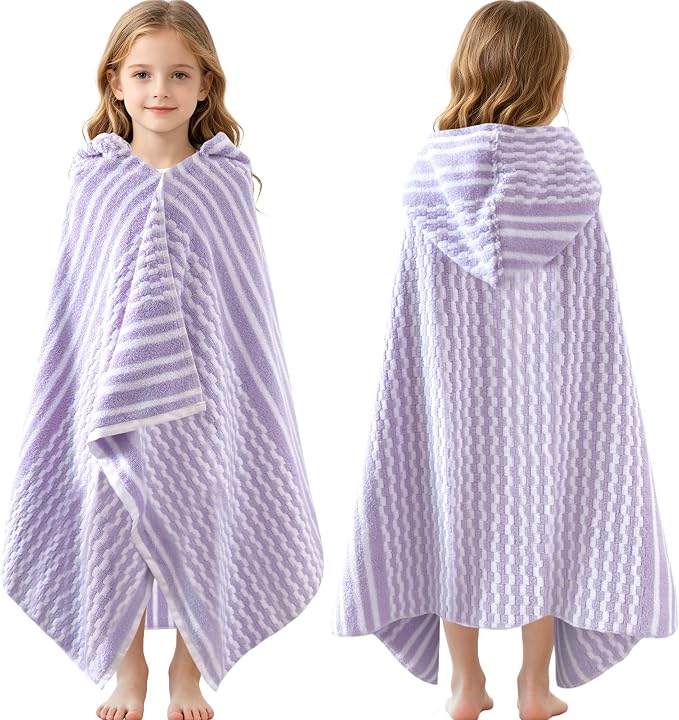 VOOVA & MOVAS Kids Hooded Bath Towel, 6-10 Years, 100% Cotton,Purple Stripe | Elegant Vertical Stripes, Thick Plush Material, Fast Drying for Outdoor Water Activities
