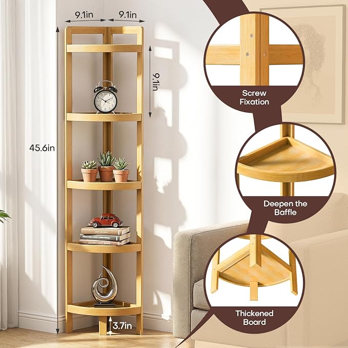 2026 New Bamboo Standing Shelf, 5 Tier Corner Shelf Stand, Free-Standing Shelf Units, Triangular Curved Corner Shelf Stand for Space-Saaving Display Ideal for Bathroom/Kitchen/Living Room Storage