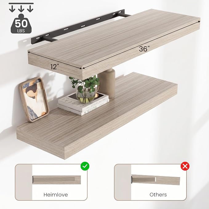 12 Inch Deep Floating Shelves for Wall, 36 Inch Wide Wall Shelves Set of 2, 2 Inch Thick Heavy Duty Invisible Wall Mounted Shelves for Kitchen Living Room,Grey