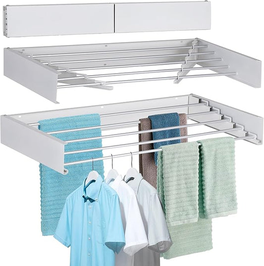 Laundry Drying Rack Wall Mounted Clothes Drying Rack Collapsible with 5 Aluminum Rods and Drilling Template Long Screwdriver Bit 60 lbs Capacity (White, 31.5")