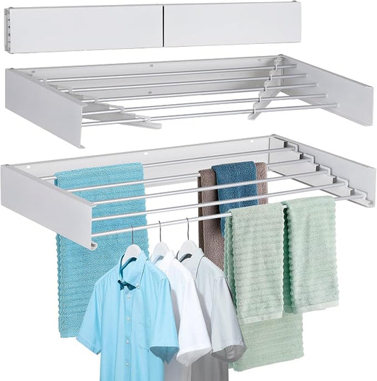 Laundry Drying Rack Wall Mounted Clothes Drying Rack Collapsible with 5 Aluminum Rods and Drilling Template Long Screwdriver Bit 60 lbs Capacity (White, 40")