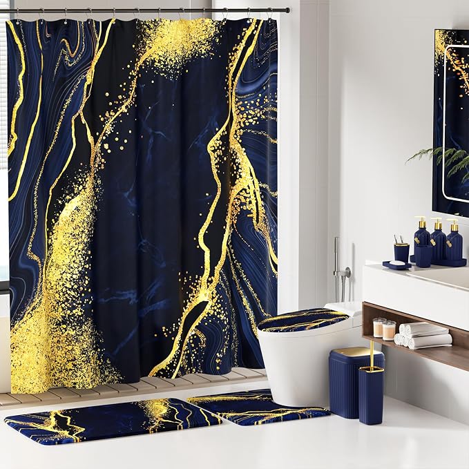 21PCS Bathroom Sets with Shower Curtain and Rugs Bathroom Accessories Set Navy Blue Bathroom Set Complete with Trash Can, Toilet Brush, Qtip Holder & 3PCS Soap Dispenser