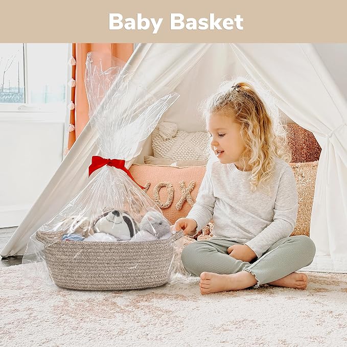 CHICVITA Small Woven Rope Gift Basket for Shelves, Brown | 13" x 10" x 5", Rectangle Storage Basket for Toys, Diapers & Baby Essentials, Nursery & Closet Organizer, Built-In Handles