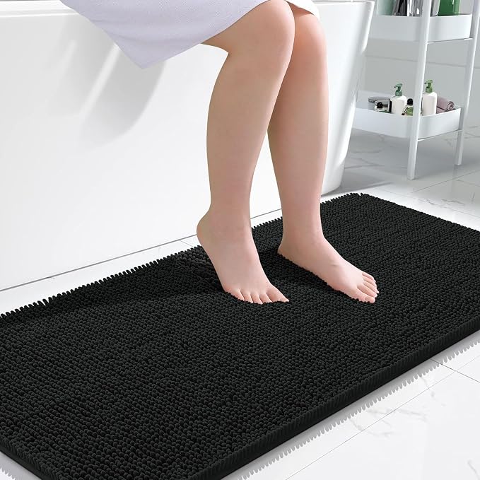 OLANLY Bathroom Runner Rugs 47x24, Extra Soft Absorbent Chenille Bath Rugs | Black, Quick-Drying Rubber Backing, Machine Washable Long Bath Mat for Bathroom Floor, Tub and Shower, Home Decor Accessories