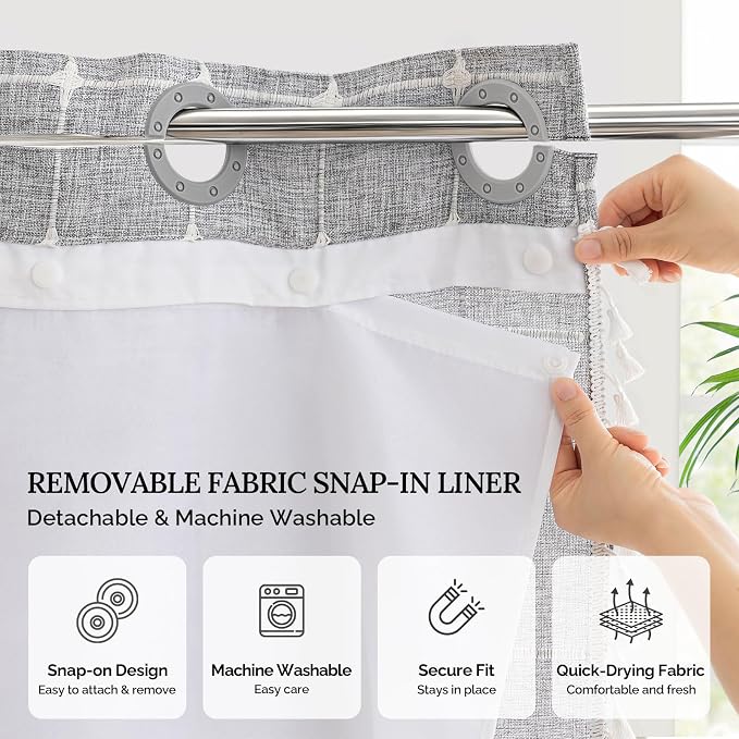 River Dream Farmhouse No Hooks Shower Curtain with Snap-in Liner,Grey,71x74 | Snap on Fabric Liner,Heavy Duty,Quick Dry,With Bottom Magnets,Washable,with Tassels, Rustic Boho Farmhouse,Standard Size