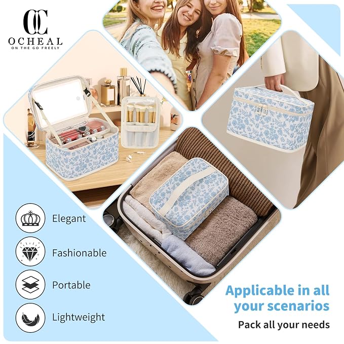 Makeup Bag With LED Mirror, Travel Makeup Bag With 3 Color Setting Light Up Mirror Cosmetic Organizer Vanity Case for Women Beauty Tools Accessories Rechargeable Makeup Travel Bag-Black