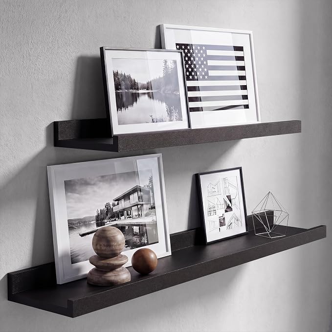 Black Picture Ledge Shelves for Wall, 4.5" Deep Wood Floating Shelves with Lip for Bedroom, Living Room, 30" Width, Color Black Set of 2