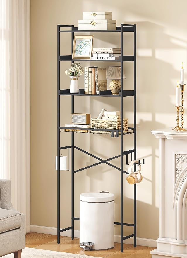 Quikraen 4 Tier Over The Toilet Storage Shelf with 3 Adjustable Shelves, Space Saver Bathroom Organizer with 4 Hooks, Freestanding Above Toilet Rack for Restroom Laundry (Black)