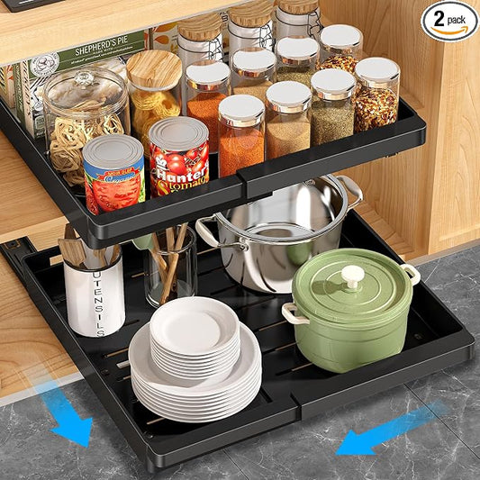 DOMNIU Pull Out Cabinet Organizers Expandable,Black,20.8" Depth,2 Pack | Slide Out Drawers for Kitchen, Bathroom, Pantry, Under Sink Storage, Fixed with Adhesive Nano Film (13''-19'')