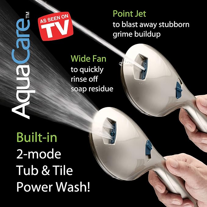 AquaCare 8-mode High Pressure Handheld Shower Head with 2-mode Power Wash | Stay Clean Nozzles, Dual Power Wash for Tub, Tile & Pets, Long 6 ft. Stainless Steel Hose, Wall & Overhead Brackets / Nickel
