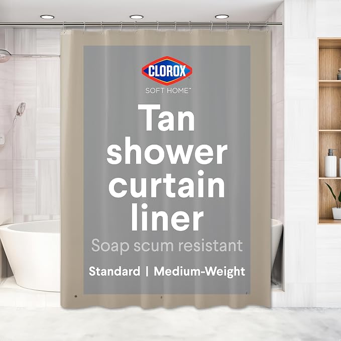 Clorox Shower Curtain Liner, Premium Colored Medium-Weight Durable Waterproof 6g PEVA for Bathroom with Weighted Magnets, Standard Size 72" x 72", Tan