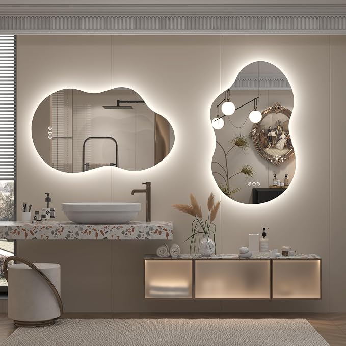 20x32 Inch Irregular Backlit Bathroom Mirror with Lights | Asymmetrical Lighted Vanity Mirror, Cloud-Shape, Anti-Fog, Dimmable, Memory, 3 Colors, ETL Listed (Horizontal/Vertical)