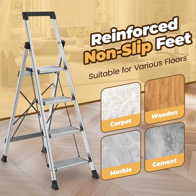 HBTower 4 Step Ladder, Lightweight Aluminum Folding Step Stool | Anti-Slip Wide Pedal, 330lbs Capacity Step Ladder for Household Kitchen Office, Silver