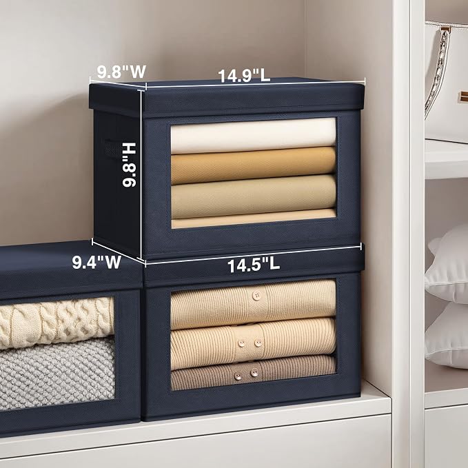 Foldable Storage Boxes with Clear Window - Clothes Organizers and Storage, Decorative Bins with Lid, Fabric Storage Cube, Storage Baskets for shelves, Yarn, Home, Navy blue, 3 Pack