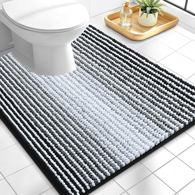 OLANLY Toilet Rugs U-Shaped 24x20, Soft Chenille Contour Bath Mat, Black | Extra Absorbent, Striped Bathroom Rugs for Toilet, Dry Quickly, Machine Washable, Non-Slip