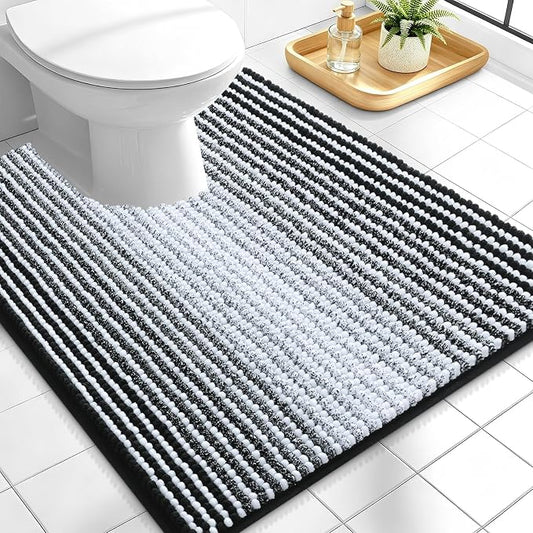 OLANLY Toilet Rugs U-Shaped 24x20, Soft Chenille Contour Bath Mat, Black | Extra Absorbent, Striped Bathroom Rugs for Toilet, Dry Quickly, Machine Washable, Non-Slip