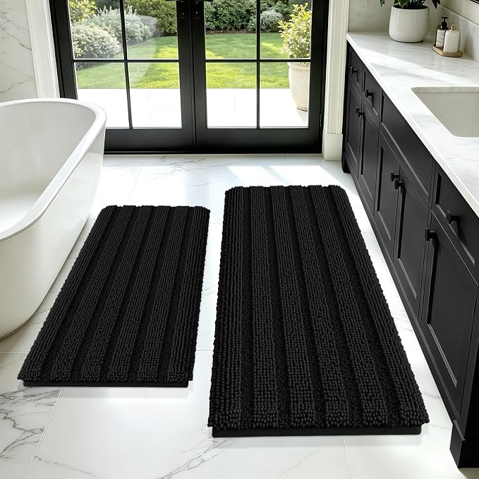 Striped Black Bathroom Rug Mat Set 2 piece 24"x17"+48"x20" Ultra Soft, Non Slip Chenille Bath Rugs, Absorbent Plush Shaggy Bath Mats for Bathroom, Bedroom, Kitchen, Shower, Tub