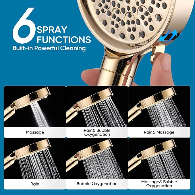 Cobbe Filtered Shower Head with Handheld, High Pressure 6 Spray Mode Showerhead with Filters, Water Softener Filters Beads for Hard Water - Remove Chlorine - Reduces Dry Itchy Skin, Egyptian Gold | High Pressure 6 Spray Mode Shower Head with Filters - ...