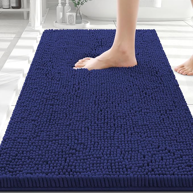 Smiry Bathroom Rugs 30X20, Luxury Chenille Extra Soft Absorbent Bath Mat | Deep Blue, Machine Washable Non-Slip Plush Bath Mats for Bathroom, Tub, Shower, and Floor, Home Decor