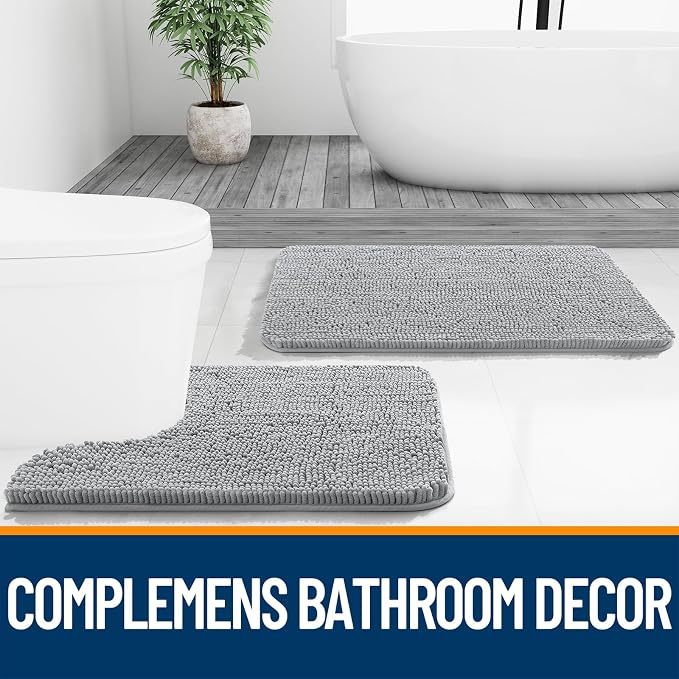 OLANLY Bathroom Runner Rugs 47x20, Extra Soft Absorbent Chenille Bath Rugs | Light Grey, Quick-Drying Rubber Backing, Washable Long Bath Mat for Bathroom Floor, Tub and Shower, Home Decor Accessories