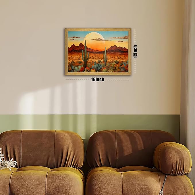 Framed Western Desert Sunset Cactus Wall Art, Vintage Southwest Nature Landscape Canvas Print, Rustic Wall Decor Picture, Boho Mexican Oil Painting for Living Room Bedroom Office bathroom 12x16 Inch