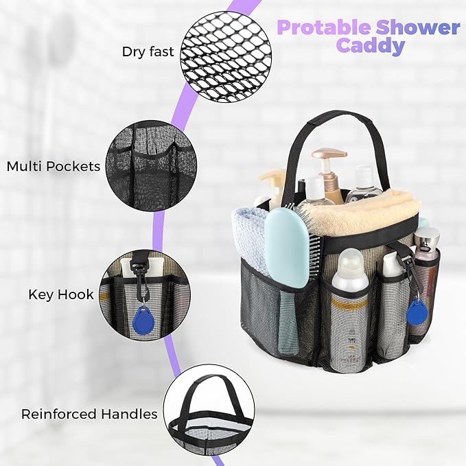 Mesh Shower Caddy Portable for College Dorm Room Essentials with 8-Pocket Large Capacity,Quick Dry Shower Bag for Bathroom, Beach,Gym