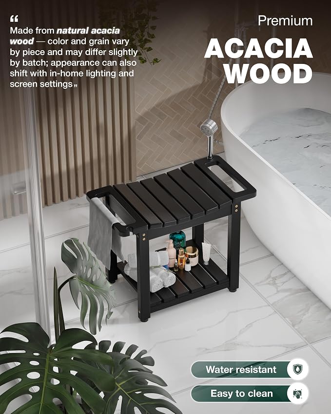 Bluewest 23.4 Inch Shower Bench Seat with Storage Shelf and Handle, Black | Waterproof Bathroom Spa Bench for Sitting Inside the Shower and Shaving Legs, with a Built-In Handle and Shower Head Holder.