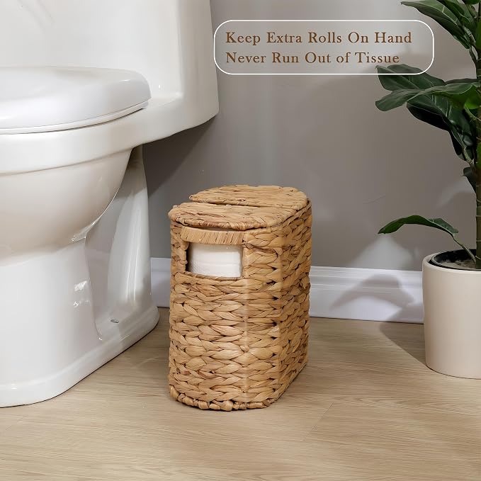 Wicker Toilet Paper Storage Basket with Lid for 4 Rolls,Natural | Wicker Storage Basket with Built-in Handles,Natural Water Hyacinth Hand-Woven Basket for Bathroom Organizers and Storage