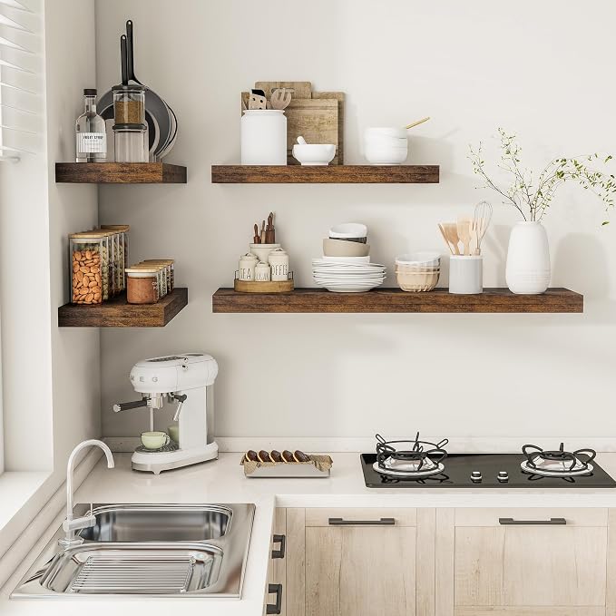 Vivelove 12" Deep Floating Shelves 24x12” Set of 2, Rustic Brown | Easy Install With Hardware, 2" Thick, Invisible Brackets, Wall Mounted, No Sagging, For Any Room