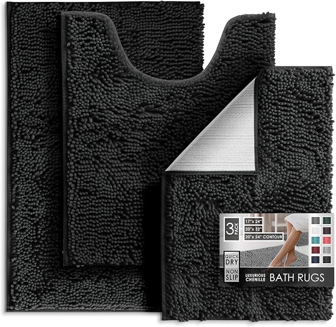 Hearth & Harbor Bathroom Rugs, Chenille Bath Mat - Machine Washable Bath Mats for Bathroom Non-Slip Backing Rubber, Quick Dry Mat - Black Bath Rug, 17x24-20x32-20x24