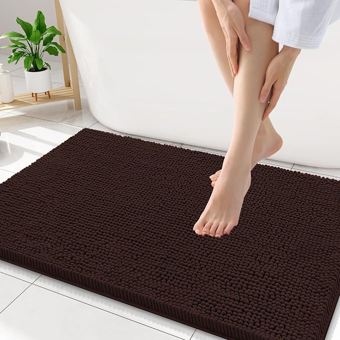 Smiry Bathroom Rugs 30X18, Luxury Chenille Extra Soft Absorbent Bath Mat | Brown, Machine Washable Non-Slip Plush Bath Mats for Bathroom, Tub, Shower, and Floor, Home Decor