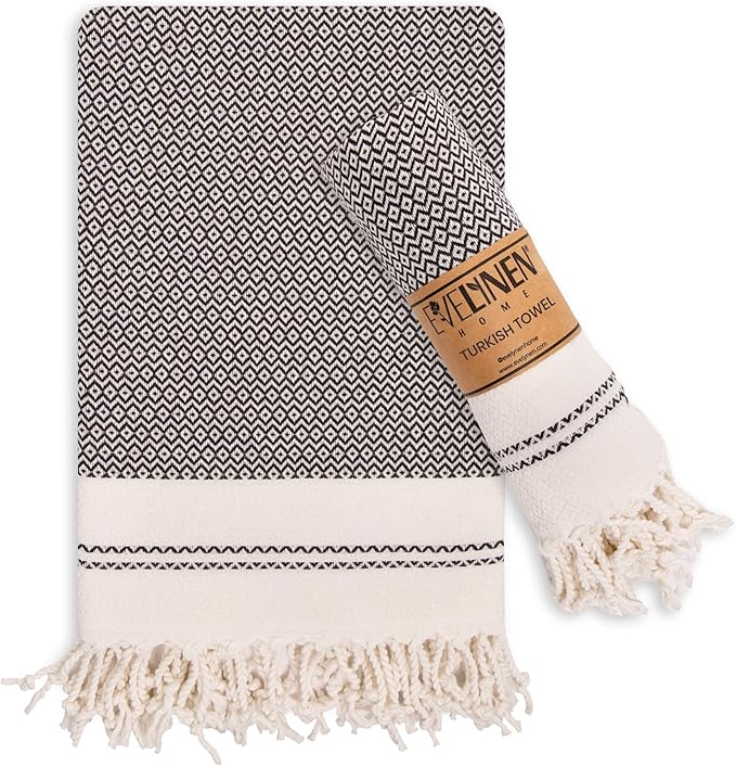 Evelynen Turkish Hand Towels for Bathroom & Kitchen Towels Decorative Set of 2 | Boho Farmhouse Hand Towels with Hanging Loops for Face, Tea, Dish, Kitchen & Bath | (16" x 32" - Black)