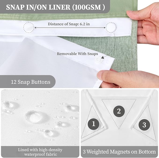Sage Green Ringless Linen Look Shower Curtain with Snap in Liner 72x75 | 3 in 1 Hotel Shower Curtain Set, Removable Liner, Waterproof & Washable, Mesh Top Window, Durable Fabric, Easy to Install