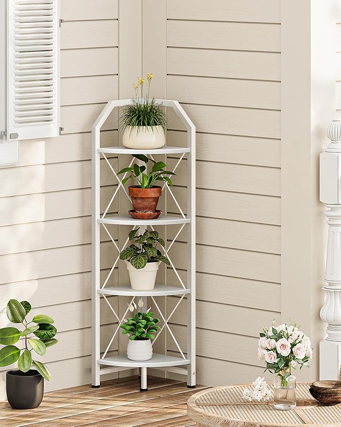 4-Tier Corner Shelf, Industrial Corner Bookshelf, 47.6" Corner Storage Stand, Plant Stand Display Shelf, Corner Bookcase for Bedroom, Living Room, Home Office, White TCJ09WB