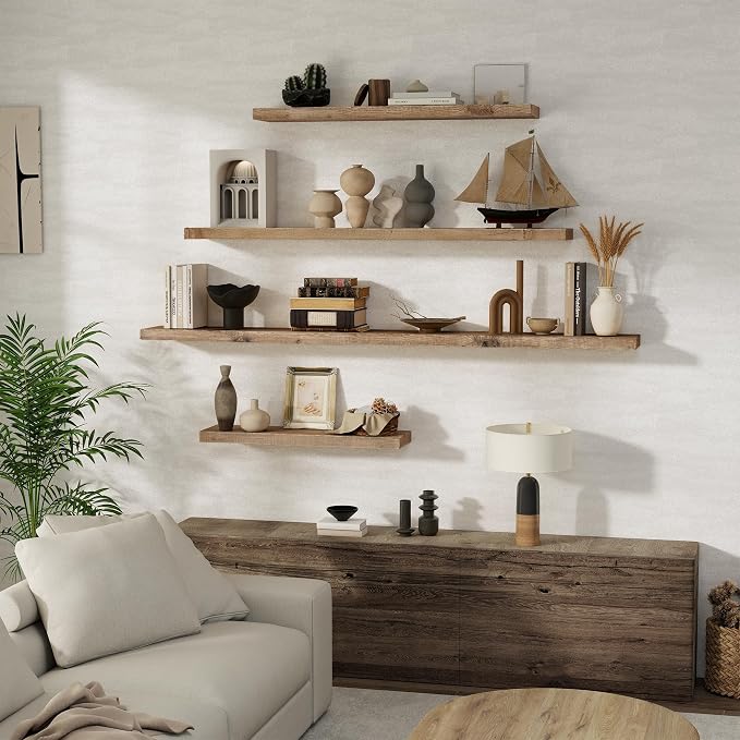 Floating Shelves, 8 Inch Deep Rustic Solid Reclaimed Wood Wall Shelves for Storage, Wall Mounted Display Shelving with Invisible Heavy-Duty Metal Bracket, 30 Inch Width Set of 2, Natural