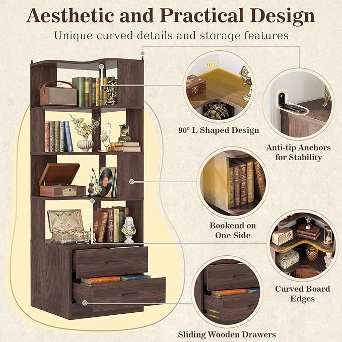 Corner Book Shelf with Drawers, Small Corner Shelf with Drawers | L Shaped BookShelf 6-tier Bookcase for Bedroom Storage, Living Room, Home Office, Kitchen Pantry, Black Walnut