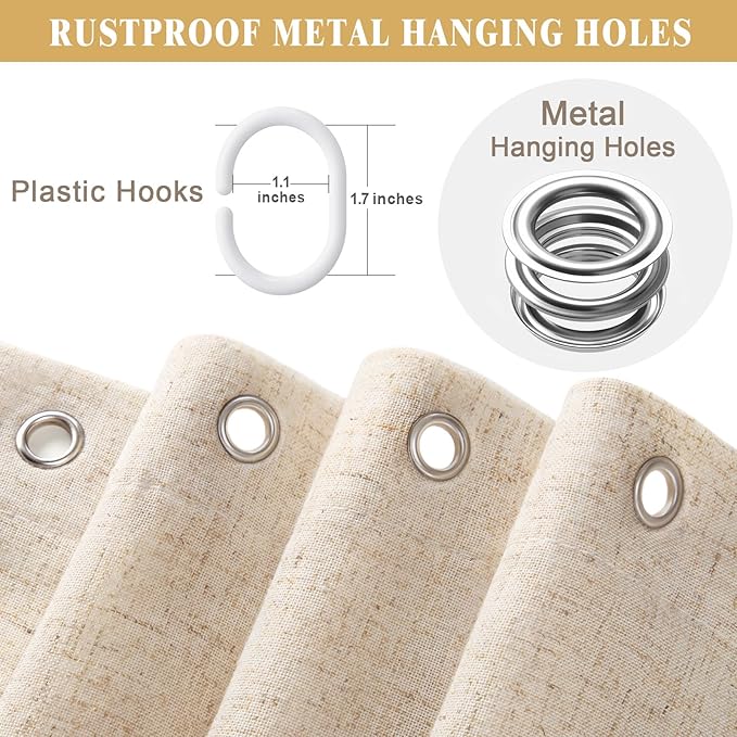 Scalloped Shower Curtain Linen Boho Beige 72" W x 72" L | Linen Fabric, Black Border, Washable, Heavy Duty Cloth, Shower Curtain for Boho Farmhouse Bathroom Bathtub