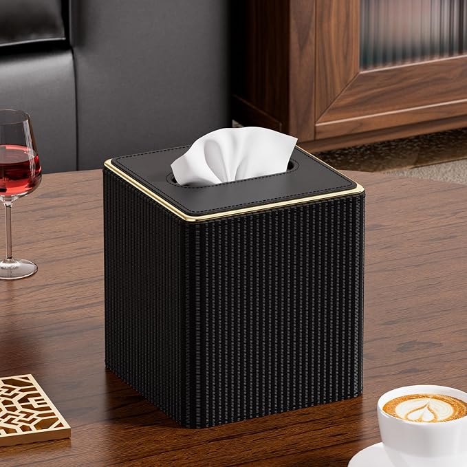 GORESE Square Tissue Box Cover with Gold-Tone Edging, PU Leather Tissue Box Holder for Kleenexs, Decorative Tissue Cover for Bathroom Living Room Car, Modern Cube Kleenexs Holder, Black