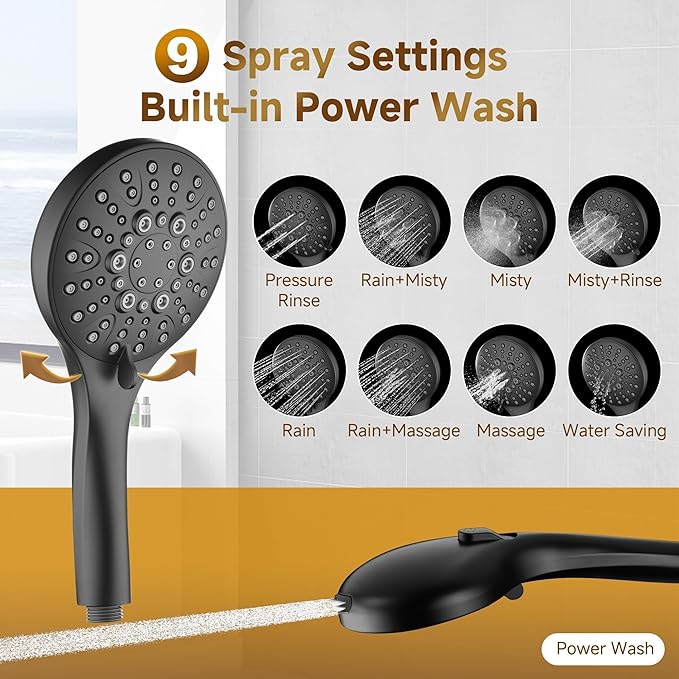 BRIGHT SHOWERS Rain Shower System Combo - 9 Inch Rainfall & Handheld Shower Heads with Power Wash, Solid Brass Rail, Height Adjustable Holder, 60 Inch Long Stainless Steel Hose, Matte Black