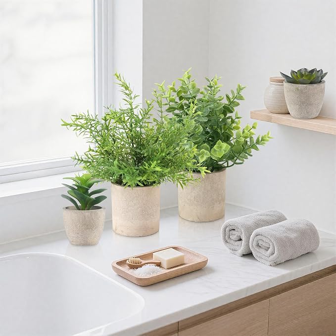 ALAGIRLS 4 Pack Small Fake Plants, 10" Artificial Plants Indoor | Eucalyptus/Rosemary/Succulents, Fake Plants for Farmhouse，Bathroom，Bedroom，Kitchen，Office Living Room Decor