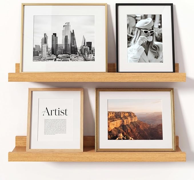 Oak Picture Ledge Shelves for Wall, 4.5" Deep Wood Floating Shelves with Lip for Bedroom, Living Room, 16" Width, Color Oak Set of 2