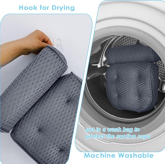 AEROiVi Luxury Bath Pillows for Tub Soft Mesh Strong 6 Suction Cups Gray | Bath Pillow with laundry bag head and neck support Relaxing Bath Washable Quick-Dry Bath Accessories Spa Gifts