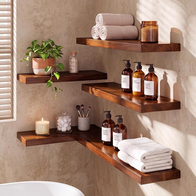 24 Inch Teak Floating Wall Shelves Set of 2 | Weather Resistant, Heavy Duty Hidden Brackets, Natural Wood Grain, Wall Storage For Bathroom, Kitchen, Living Room & Outdoor