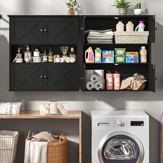 Vabches Bathroom Wall Cabinet, Farmhouse Medicine Cabinet with 4 Barn Doors, Large Wooden Vintage Storage Cabinet Wall Mounted for Bathroom, Kitchen, Black