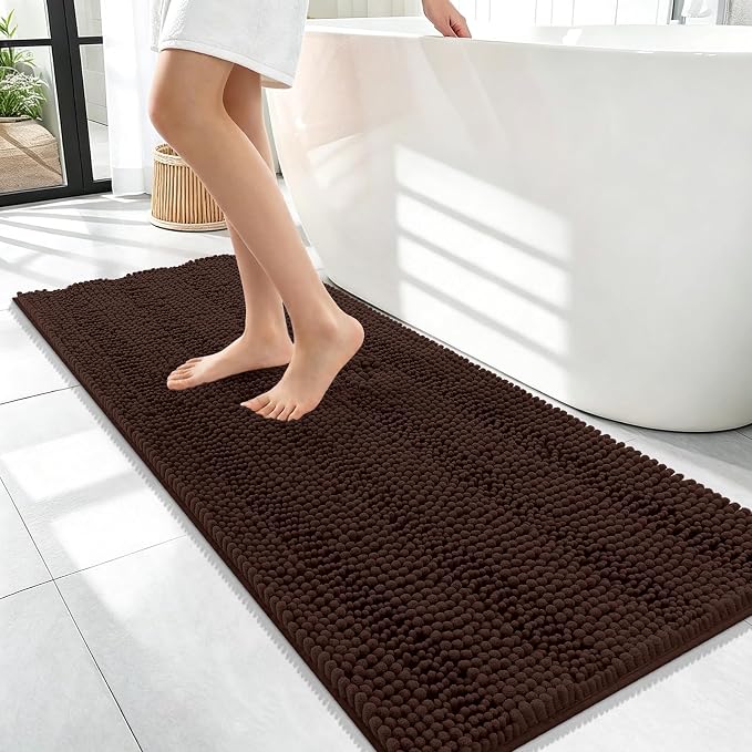 OLANLY Thick Bathroom Runner Rugs 47x17, Soft Chenille Bath Rugs, Brown | Absorbent Striped, Rubber Backing, Machine Wash, Long Bath Mats for Bathroom Floor, Tub and Shower, Home Decor Accessories
