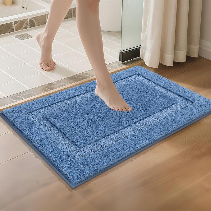SHACOS Soft Microfiber Bathroom Rugs Set of 2 Pieces, Blue | 47x20 + 32x20, Absorbent Plush Bath Rugs, Non Slip Washable Shaggy Bath Mats, Fluffy Bathroom Runner Floor Mats Shower Rug