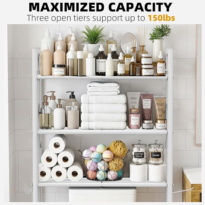 GloTika 3-Tier Over Toilet Storage, Anti-Tilt, 64" H, White | Anti-Tilt Safety System, 150lb Capacity, Carbon Steel, Freestanding, No Drilling, Anti-Rust Coating, Paper Holder & 4 Hooks